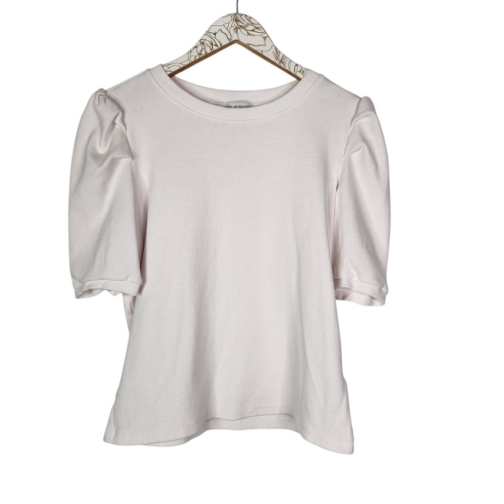REBECCA MINKOFF Shirt Womens Large White Pink Puff Sleeve Ribbed Tee Top Stretch